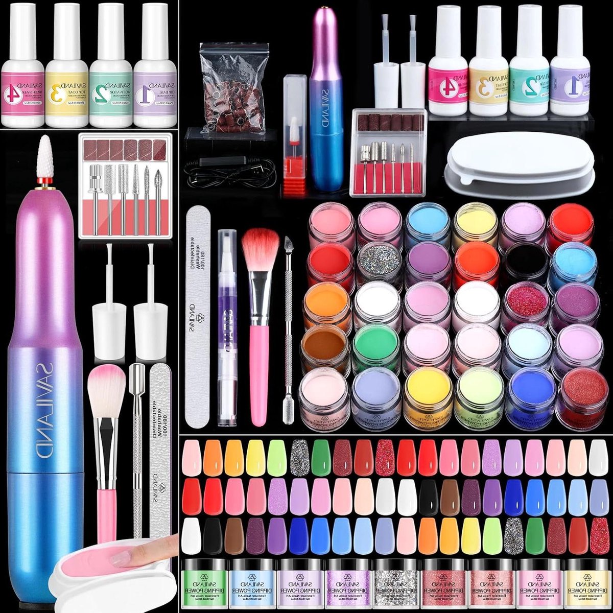 30 Colors Dipping Powder Starter Set with Electric Nail Drill Dip Base Top Coats Activator Nail Art Kit Gift for Women Girls