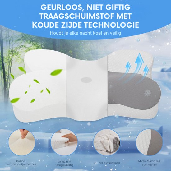 Autsel Nekkussen van traagschuim in vlindervorm met dubbele hoogte (11/13 cm) en armsteun, ergonomisch ontwerp om op zij, rug of buik te slapen, wasbare overtrek, lichtgrijs en wit