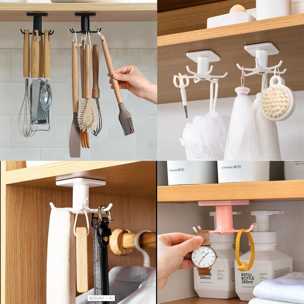 Hakenrek voor keukengerei, 360° draaibaar, hangende organizer, ophangrek, keukengereihouder, zonder boren, haakrek voor keukengerei