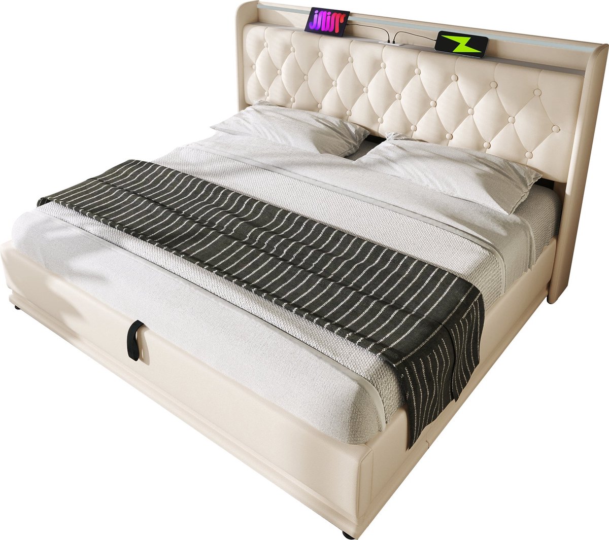 Merax Gestoffeerd Bed 140x200 cm met 360° LED Verlichting - USB Type-C Oplaadfunctie - Hydraulische Opbergruimte - Wit PU Materiaal - Met Afstandsbediening en App-besturing (zonder matras)