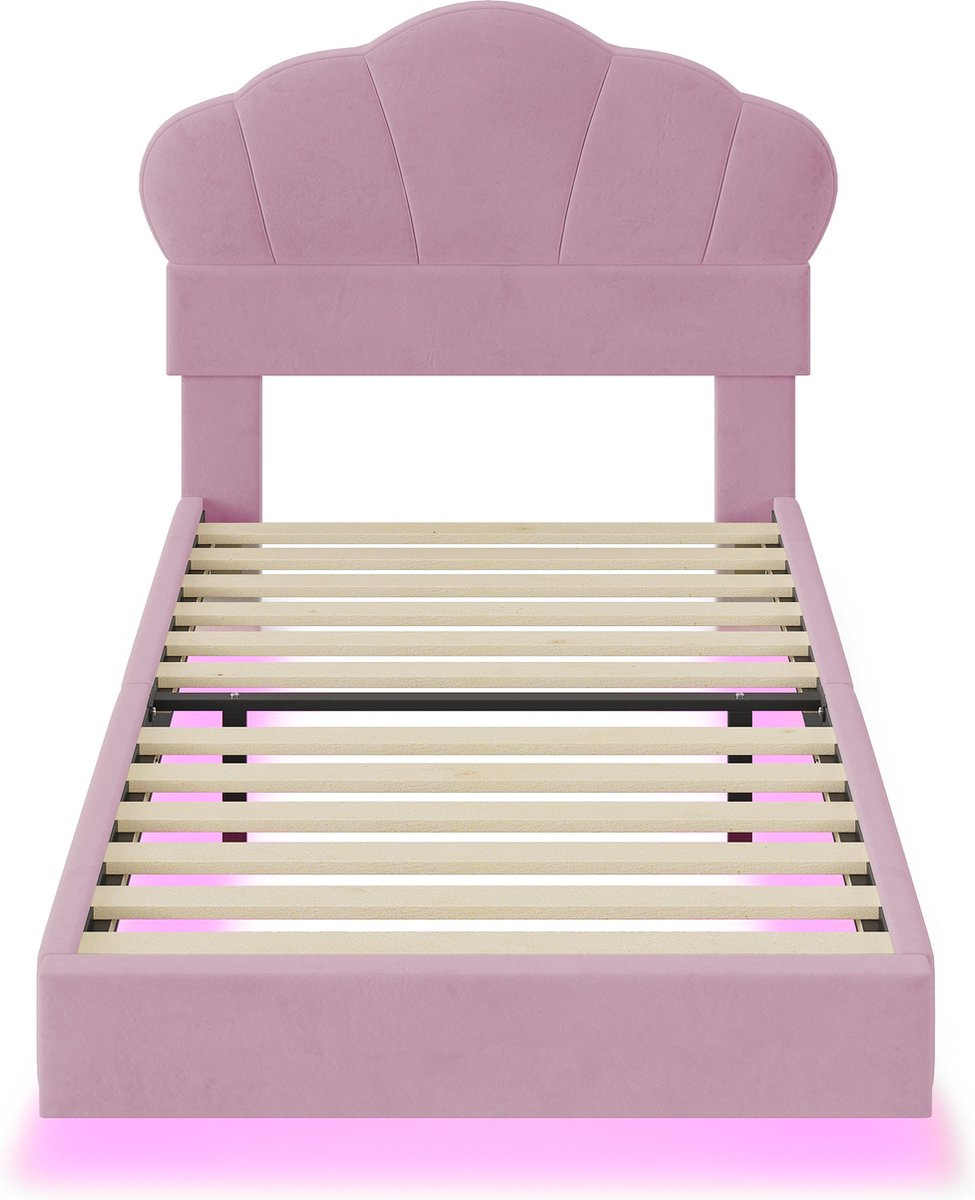 Merax Polsterbed 90 x 200 cm met LED Verlichting - Wolkenvormig Hoofdbord - Verborgen Voeteneind - Kinderbed - Jongens- en Meisjesbed - Jeugdbed - Velvet Stof - Roze (zonder Matras)