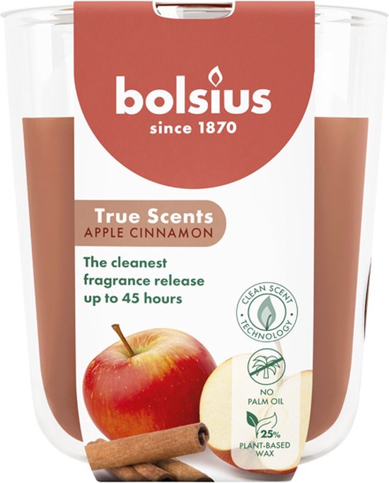 Bolsius geurkaars in glas met appel en kaneel. "True Scents APPLE CINNAMON" staat op het label.