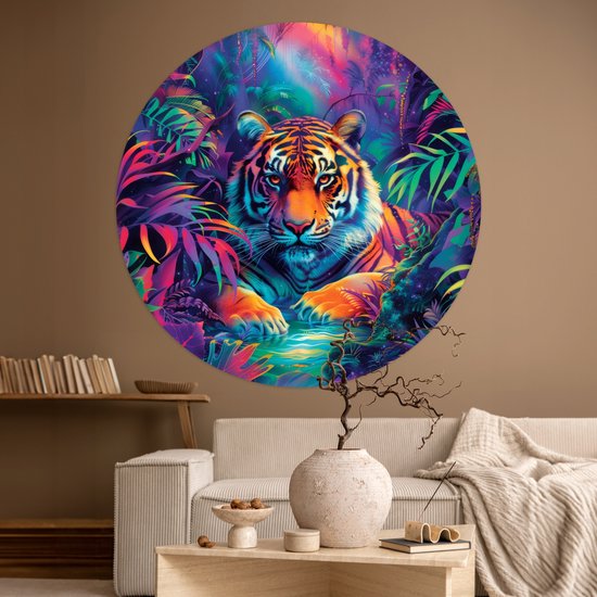WallCircle® - Papier peint cercle 120x120 cm - Stickers muraux Tigre - Animal - Jungle - Coloré - Cercle mural chambre ado - Décoration chambre - Accessoires chambre ado - Cercle mural chambre jeunesse
