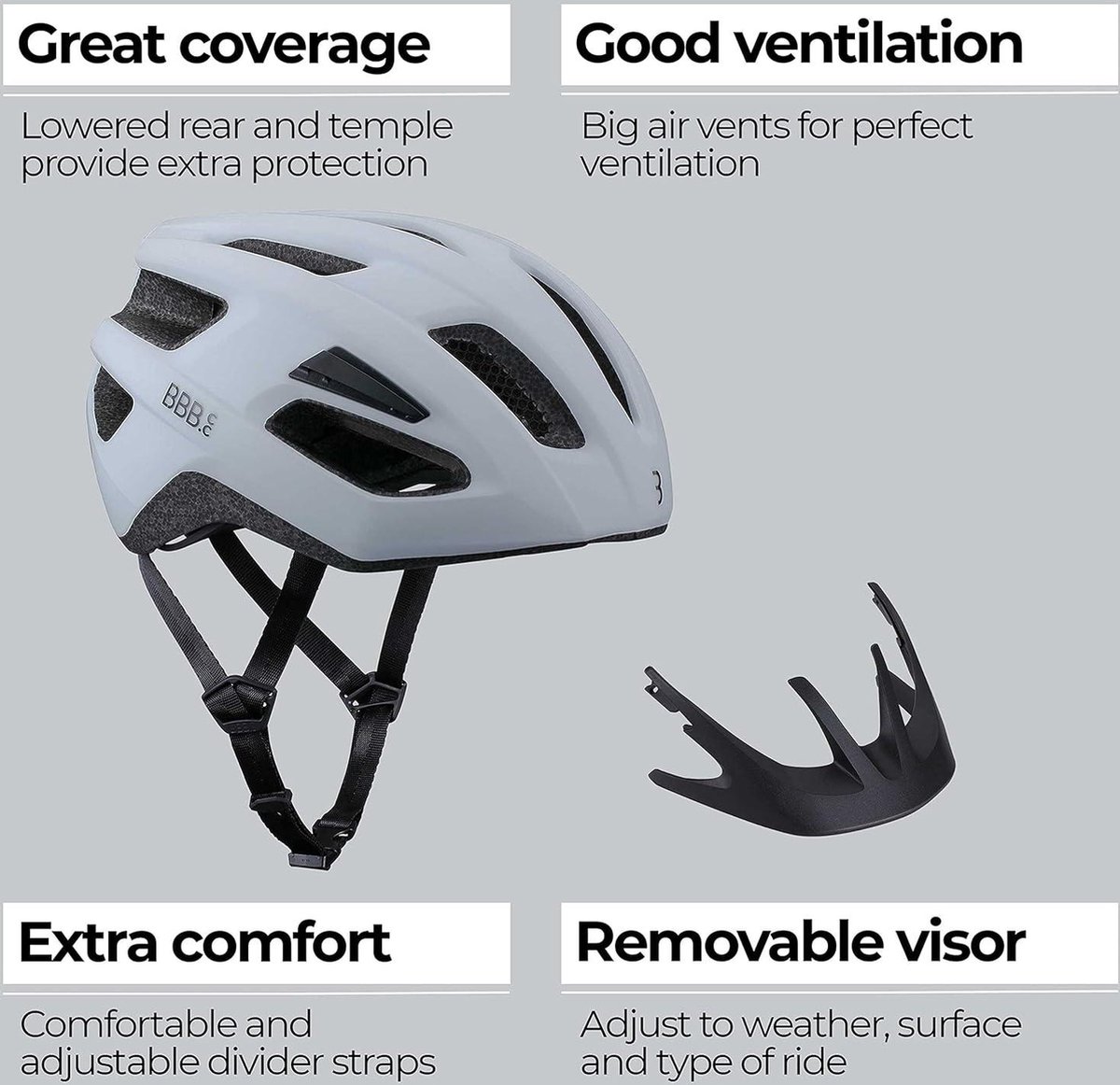 Volwassen fietshelm voor dames en heren - MTB-helm met afneembaar vizier en lichtbeugel - mat wit - BHE-29B - Cycling Kite 2.0