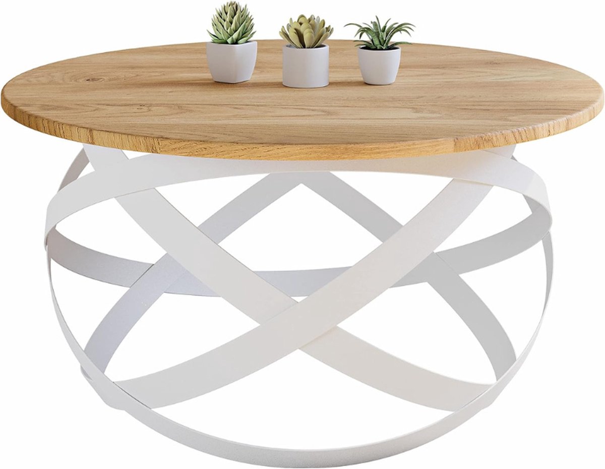 Handgemaakte Ronde Salontafel Van Massief Natuurlijk Eikenhout – Modern En Minimalistisch Industrieel Design - Ø70x40 Cm