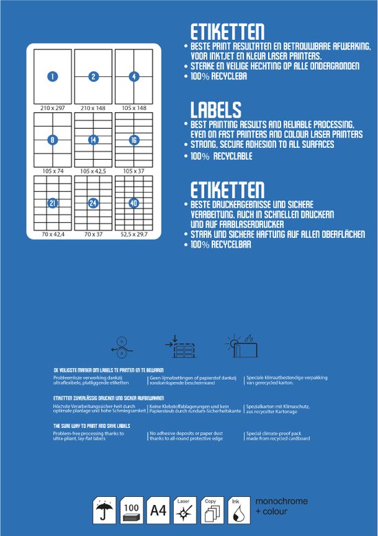 Verpakking met etiketten voor laserprinters. De tekst vermeldt 'Etiketten', 'Labels', '100% Recyclable'.