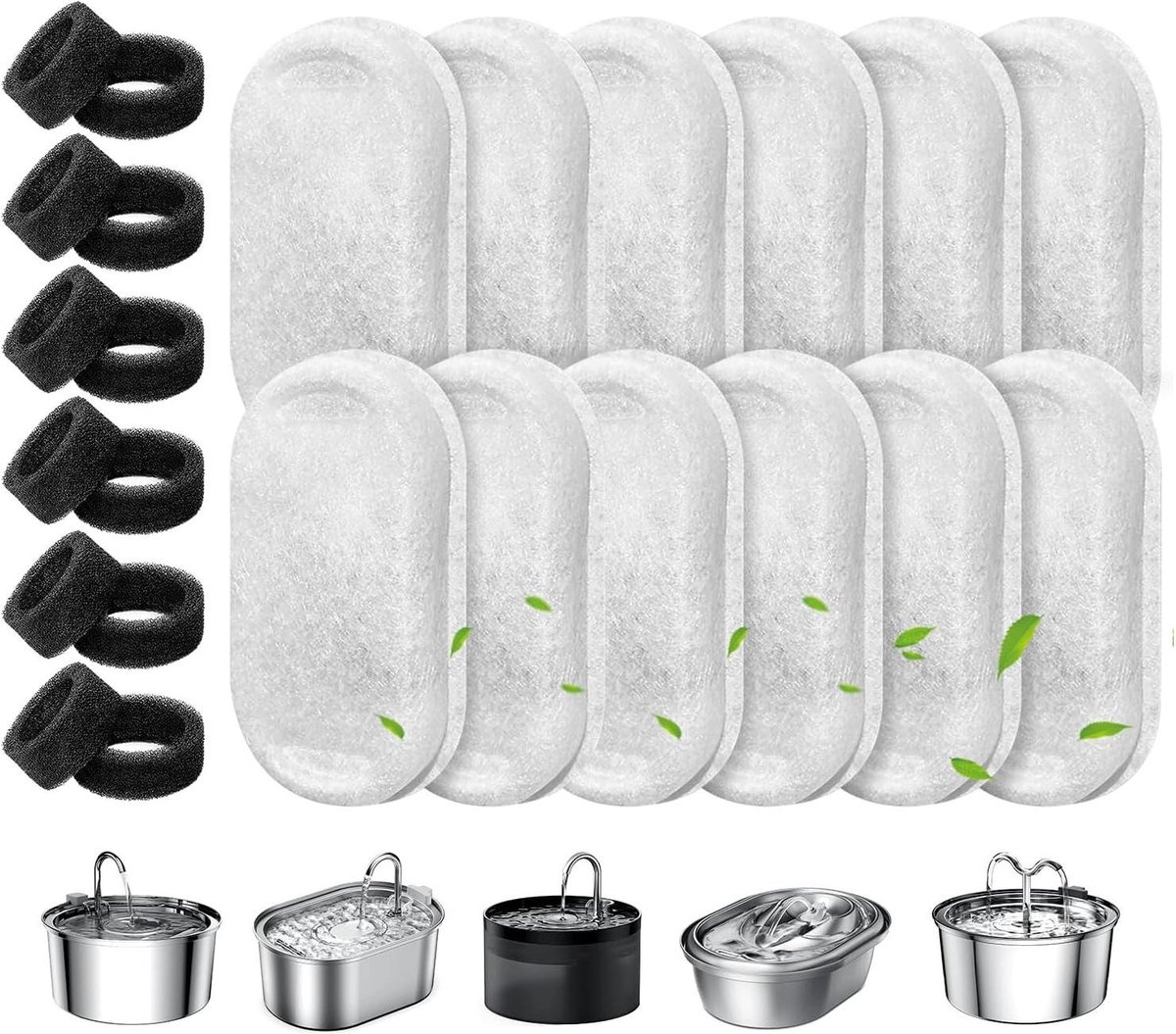 Vervangingsfilters voor Kattenfontein - 24 stuks koolstoffilters en schuimfilters - Waterfilter voor 2 l/32 l/4 l roestvrijstalen drinkfontein