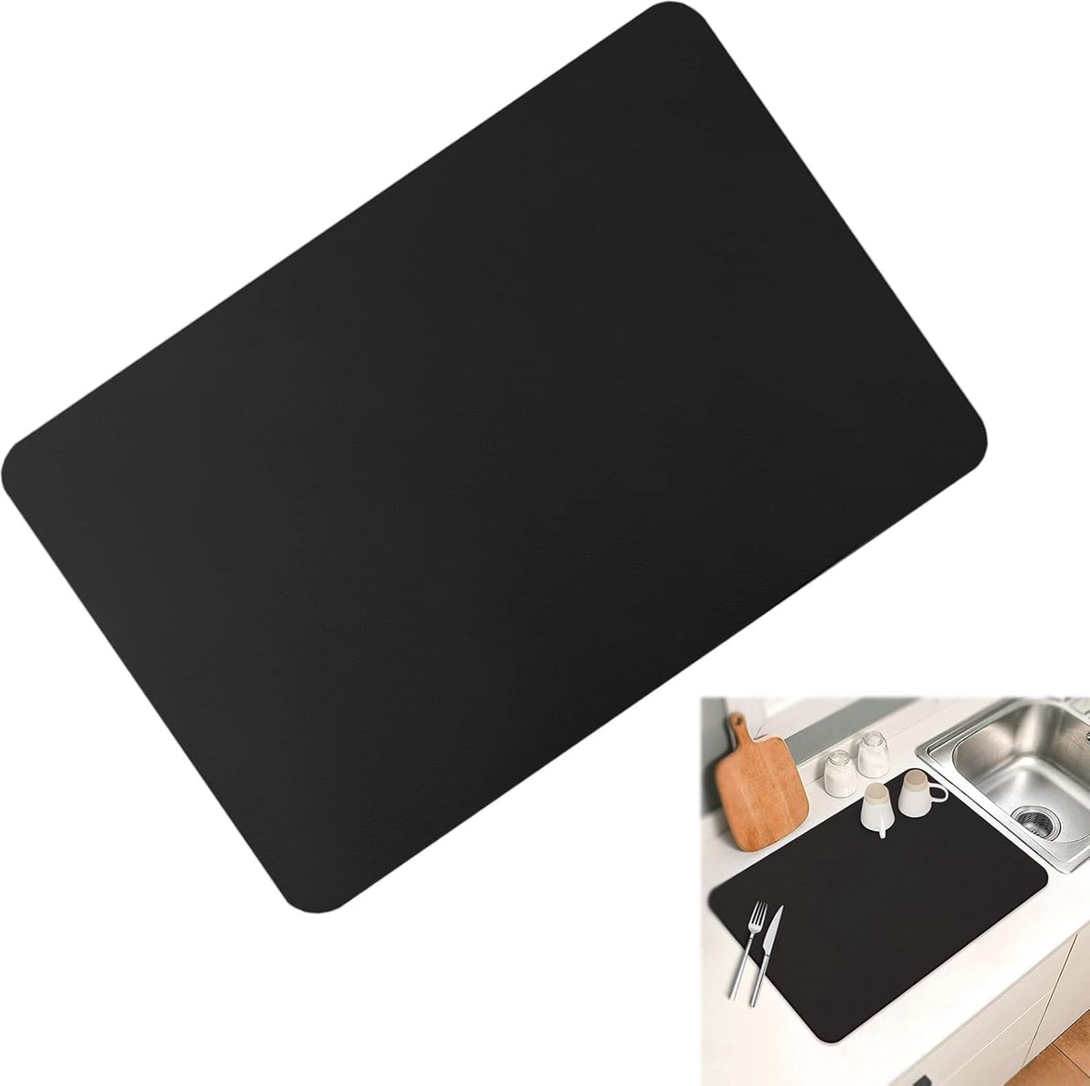 Goedkoopste Vaatwasmat, 50 x 40 cm, antislip, opvouwbare afdruipmat, droogmat, bestek-droogmat, superabsorberende spoelbakmat (zwart