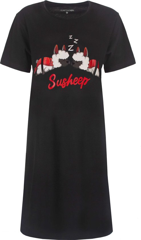 Temptation Chemise de Nuit Femme - Grande Chemise - Robe de Nuit - Manches Courtes - Zwart - Taille XL