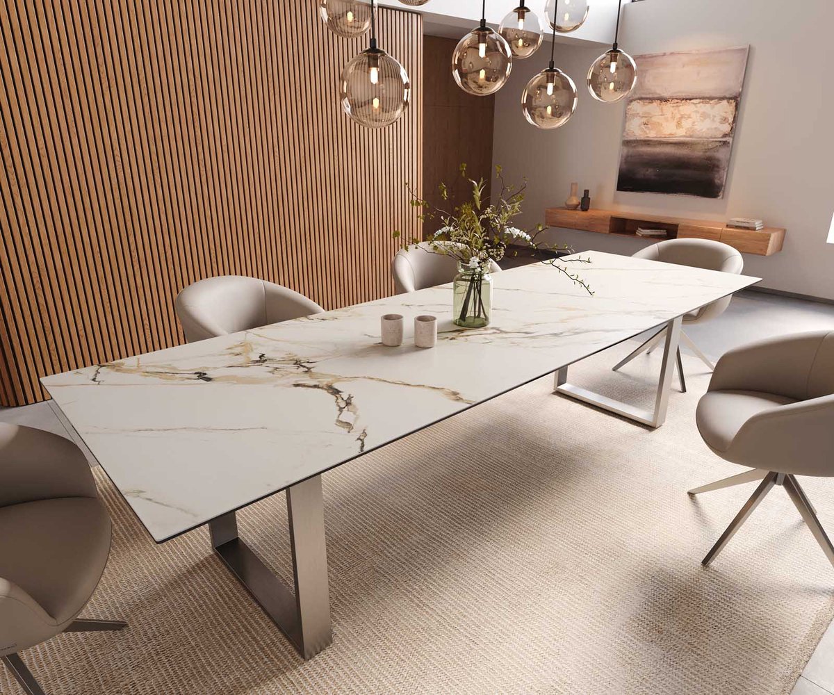 DELIFE Eetkamertafel Edge keramiek Calacatta Luxe wit-goud-grijs 300x100 RVS Schmal Weiß-Gold-Grau