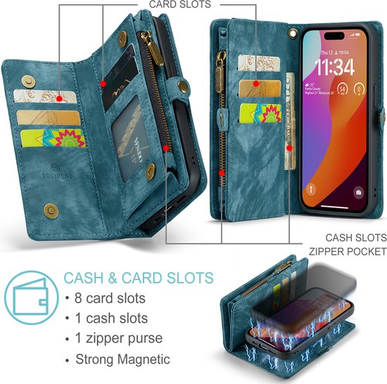 Étui portefeuille Solidenz iPhone 16 Pro Max - Porte-cartes - Poche zippée - Dragonne - Bleu