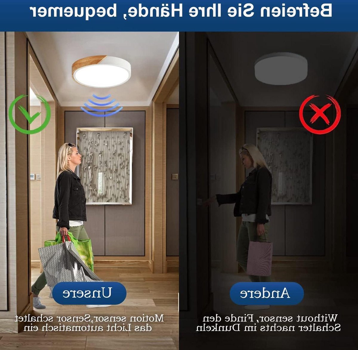 Moderne ronde LED Houten plafondlamp met bewegingsmelder Sensorlamp - daglichtsensor - hal gang trap woonkamer balkon keuken veranda kantoor - 22cmWeiß