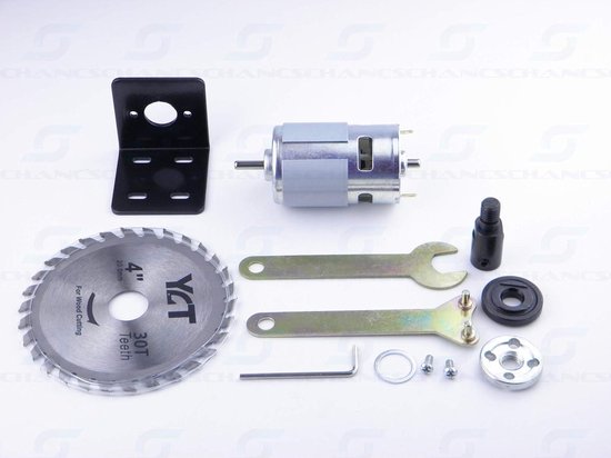 CHANCS 775 Transmissiemotor, 12 V/24 V, kit, zaagmachine, DC cirkelzaag, mini-tafelzaag voor hobby's, zaagblad voor zagen en polijsten