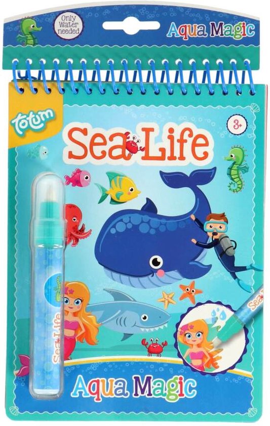 Livre de coloriage magique à l'eau sur le thème 'Sea Life', avec une baleine, une sirène, un requin et un plongeur.