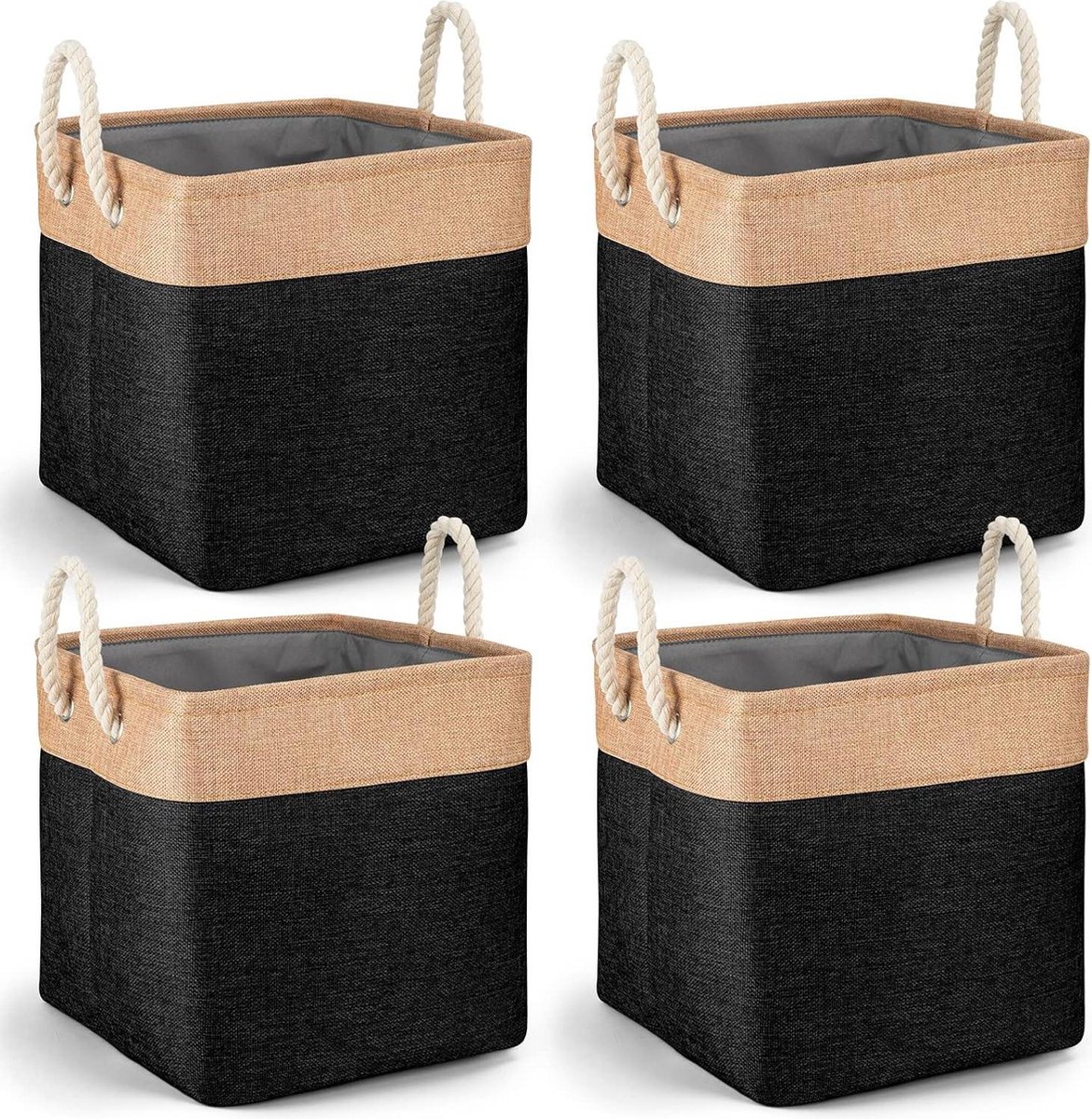 Grote opvouwbare stoffen opbergdozen - set van 4 - organizer voor kleding en speelgoed - met handgrepen - kasten en planken - zwart