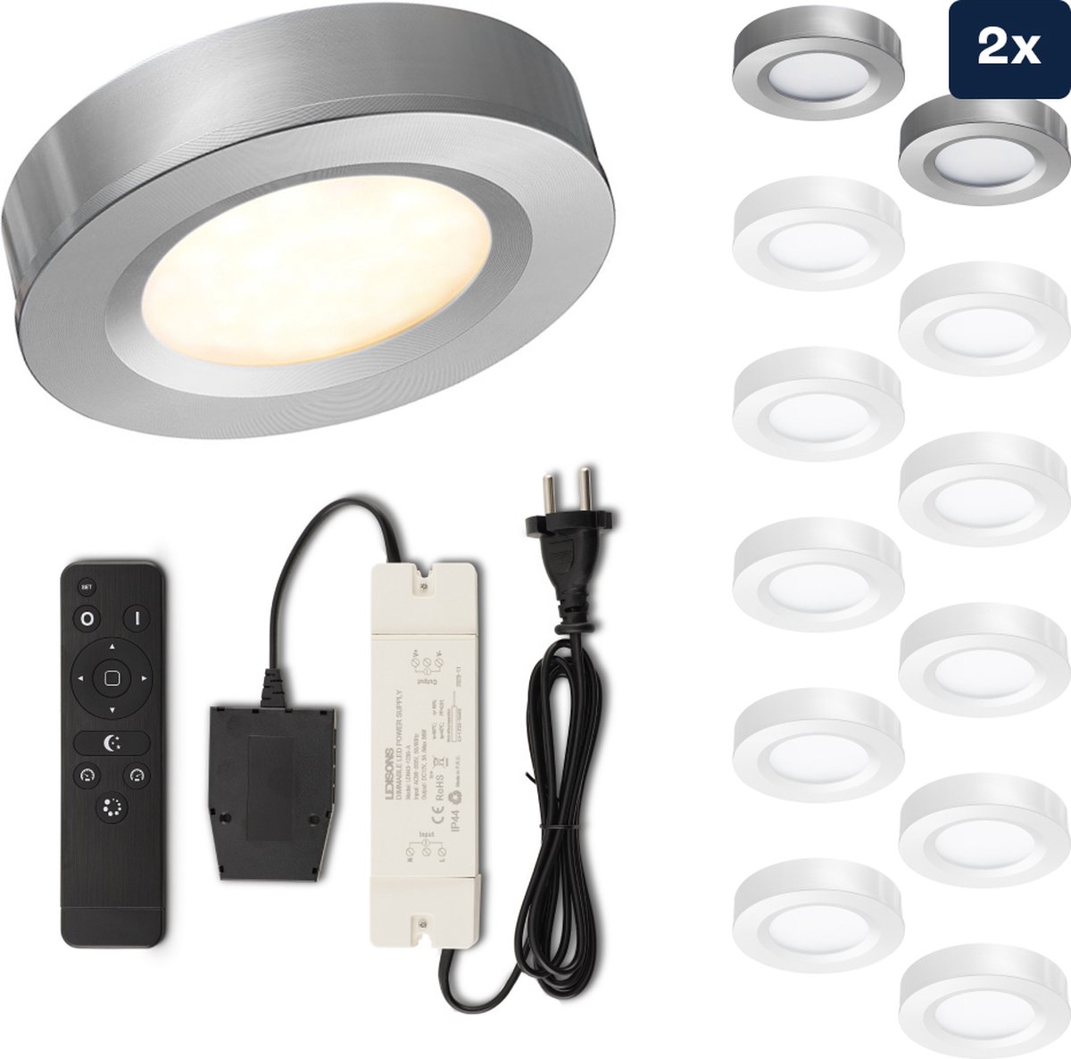 Ledisons Adria 2 zilveren LED opbouwspots met afstandsbediening dimbaar 3 jaar garantie 2700K (extra warm-wit) 200 Lumen 3W IP44