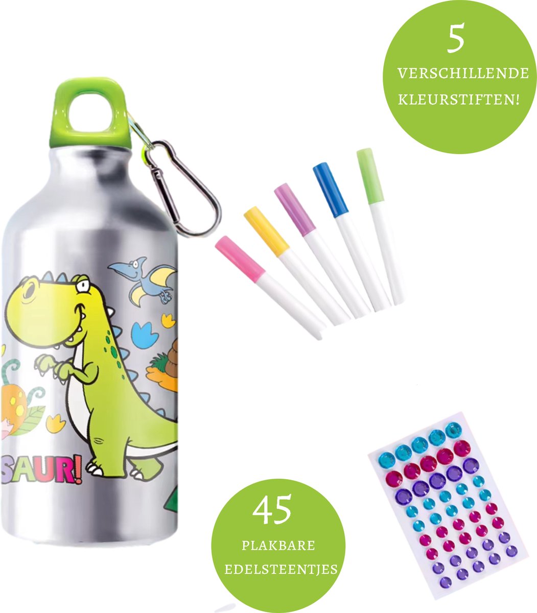 Kiddel Dinosaurus DIY Waterfles Kind – Inkleurbare Drinkfles met Stiften & Stickers – Creatieve BPA-vrije RVS Fles – Herbruikbaar Knutselcadeau voor Jongens & Meisjes vanaf 3 Jaar