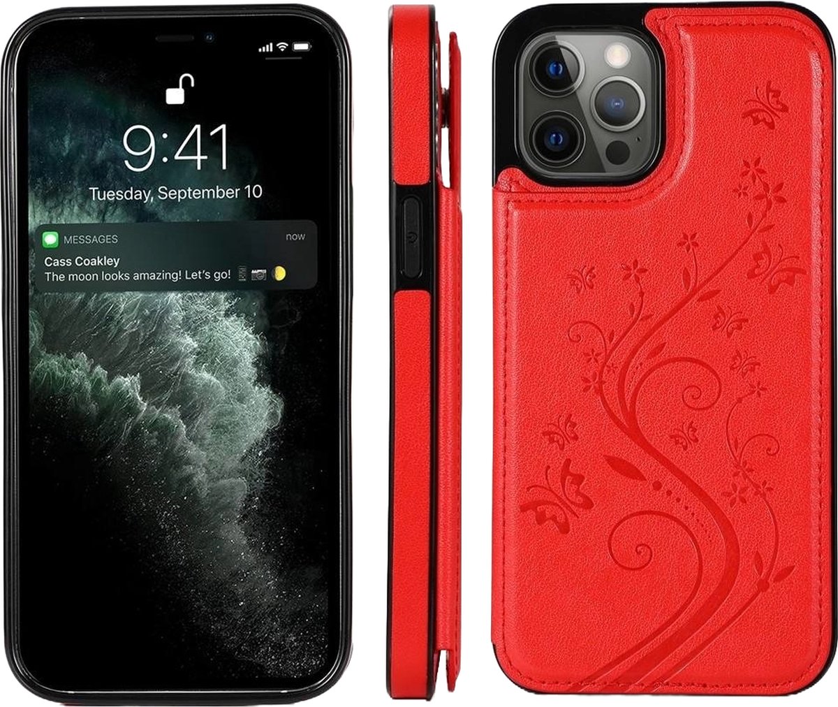 Hoesje geschikt voor iPhone 16 Pro - Backcover - Pasjeshouder - Portemonnee - Bloemenprint - Kunstleer - Rood