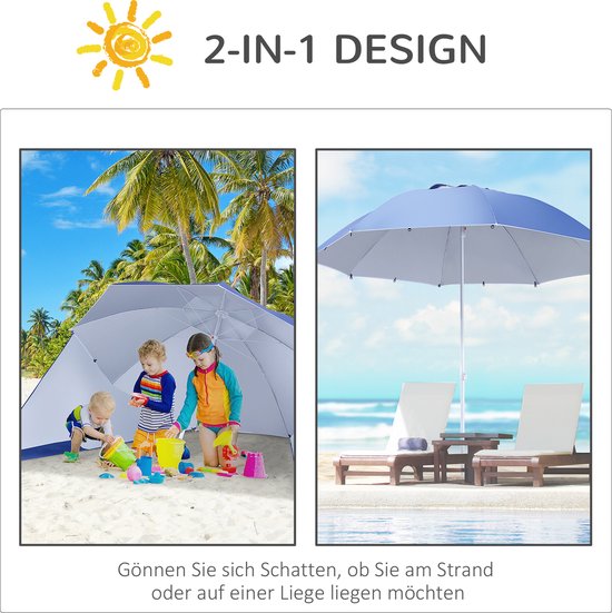 Outsunny 2-in-1 zonnescherm strandscherm windscherm strandtent blauw 210 x 222 H cm