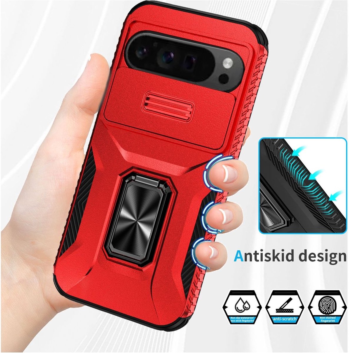 Mobigear Hoesje geschikt voor Google Pixel 9 Pro XL Telefoonhoesje Hardcase | Mobigear Armor Ring Cam Slide Backcover Shockproof met Ringhouder en Camera Slider | Schokbestendig Pixel 9 Pro XL Telefoonhoesje | Anti Shock Proof - Rood