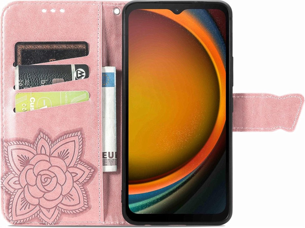 Mobigear Telefoonhoesje geschikt voor Samsung Galaxy Xcover 7 Hoesje | Mobigear Butterfly Bookcase Portemonnee | Pasjeshouder voor 3 Pasjes | Telefoonhoesje voor Pinpas / OV Kaart / Rijbewijs - Roségoud