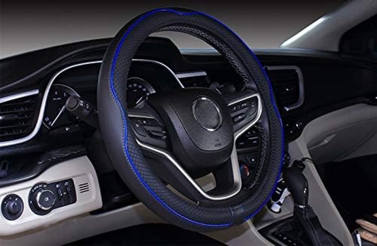 Auto stuurhoes van microvezel, 38 cm, voor de meeste auto's (Zwart Donkerblauw, 37-38cm)
