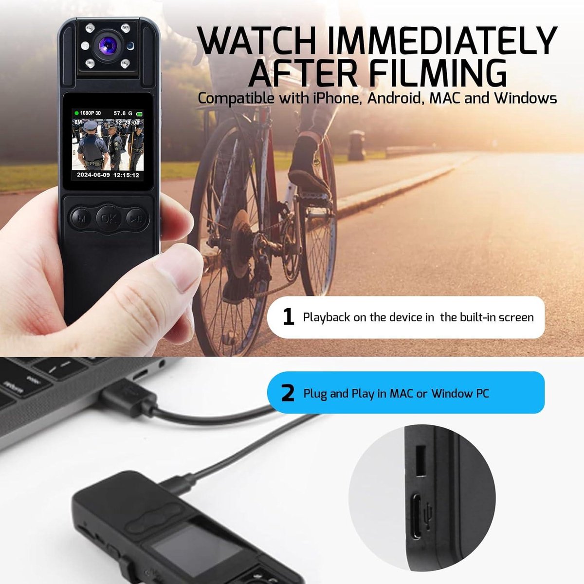 Caméra Corps Police Aofesel 64Go - Écran IPS 1,3'' - Vision Nuit 1080P - Batterie 1200mAh - Objectif Rotatif 180°