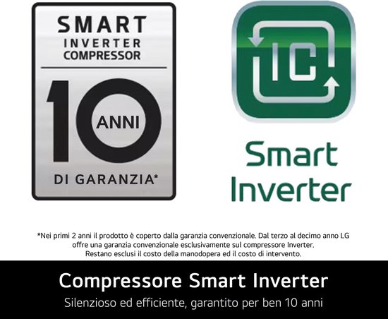 Logo's 'Smart Inverter Compressor' met 10 jaar garantie en 'Smart Inverter' icoon.