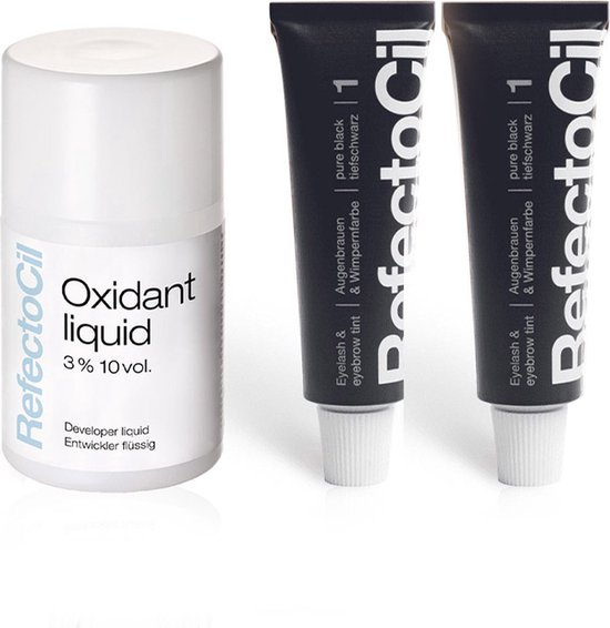 RefectoCil oxidant liquid 3% 10 vol. en twee tubes RefectoCil Pure Black wimper- en wenkbrauwverf.