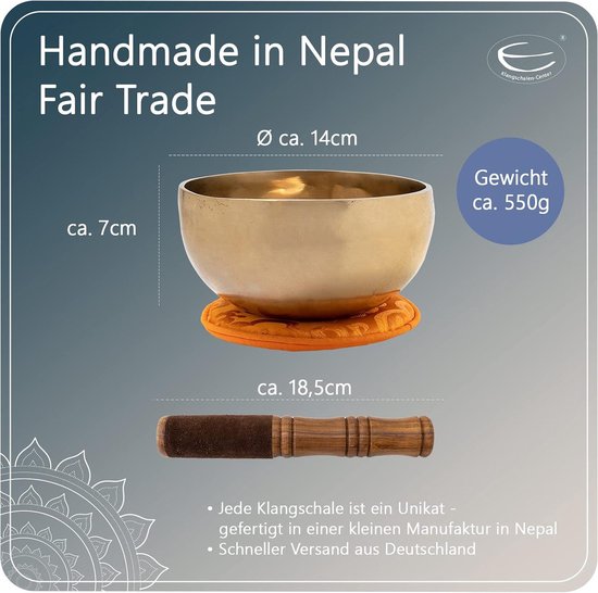 Handgehamerde traditionele klankschaal uit Nepal - hartschaal met oranje onderlegger en lotusbloem - inclusief hout-leren klopper - 2112 singing bowl set van Ohm — afbeelding 4