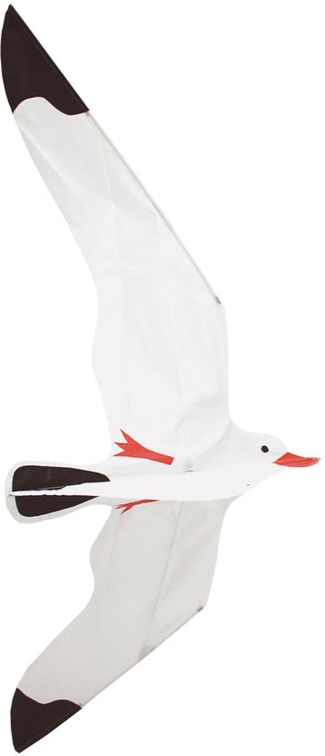 Witte vlieger in de vorm van een meeuw, met zwarte vleugelpunten en staart. Rode snavel en pootjes.
