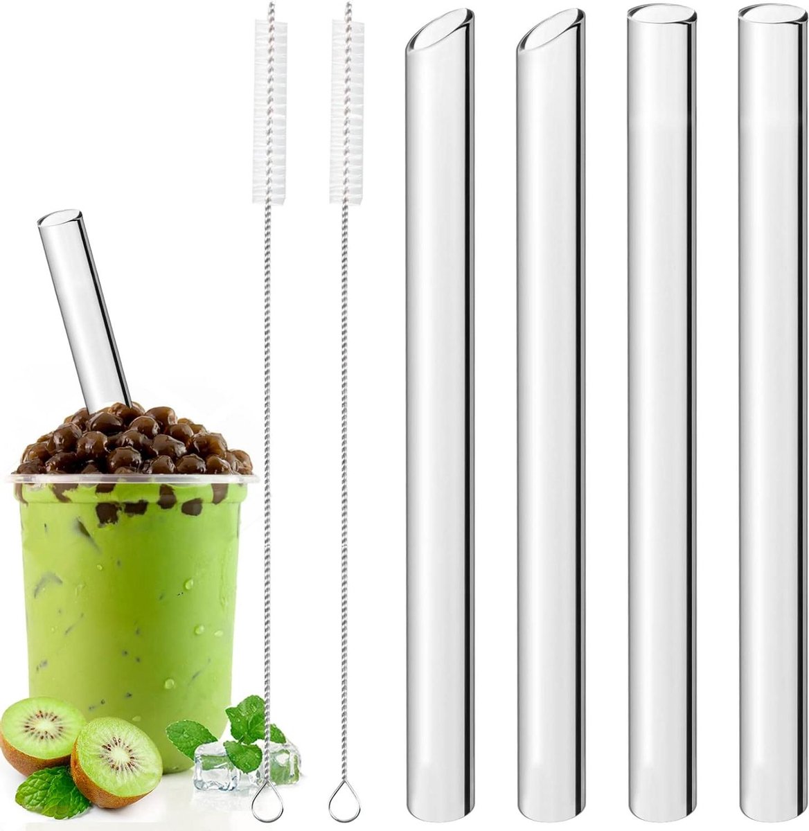 Bubble Tea rietjes 14 mm herbruikbaar glazen rietjes 2 reinigingsborstels brede glazen rietjes dikke glazen rietjes smoothie cocktail tapioca parelthee Glazen rietjes