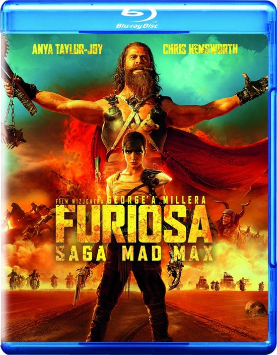 Couverture Blu-ray de Furiosa : A Mad Max Saga. Anya Taylor-Joy en Furiosa et Chris Hemsworth en Dementus, avec un arrière-plan de désert et de feu.