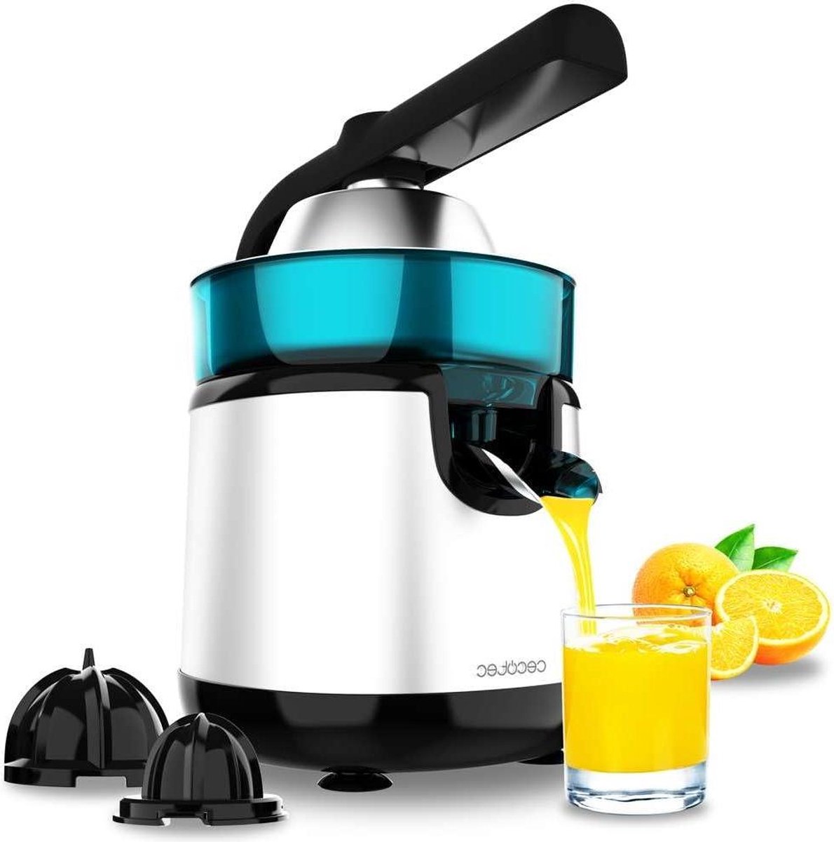 Elektrische Pers met Arm voor Sinaasappels en Citrusvruchten EssentialVita Hyden 120 Steel 120W 2 Verwijderbare Conen Grote Roestvrijstaal en Kleine Plastic 250ml citruspers