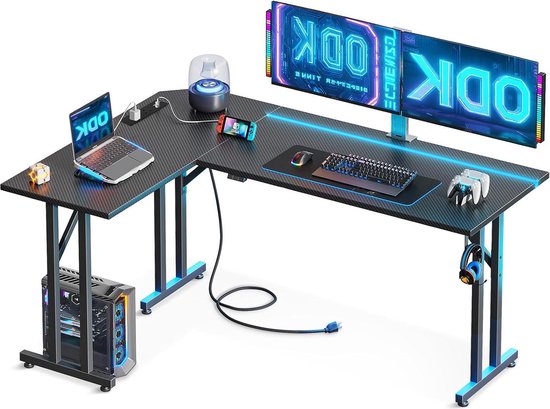 L-vormig hoekbureau met LED-verlichting en stopcontacten – gaming bure