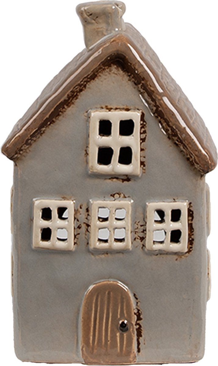 Waxinelichthouder Huis 9x9x16 cm Grijs Bruin Keramiek