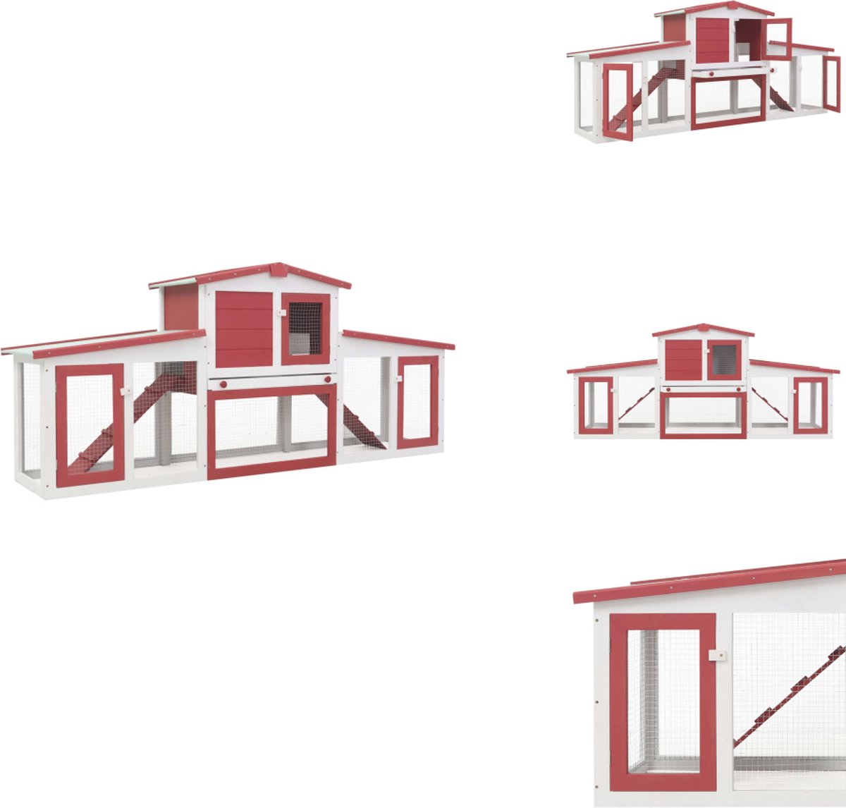 vidaXL Konijnenhok – Konijnenhokken – Dierenhok – Dierenhokken – Konijnenhok voor buiten groot 204x45x85 cm hout rood en wit