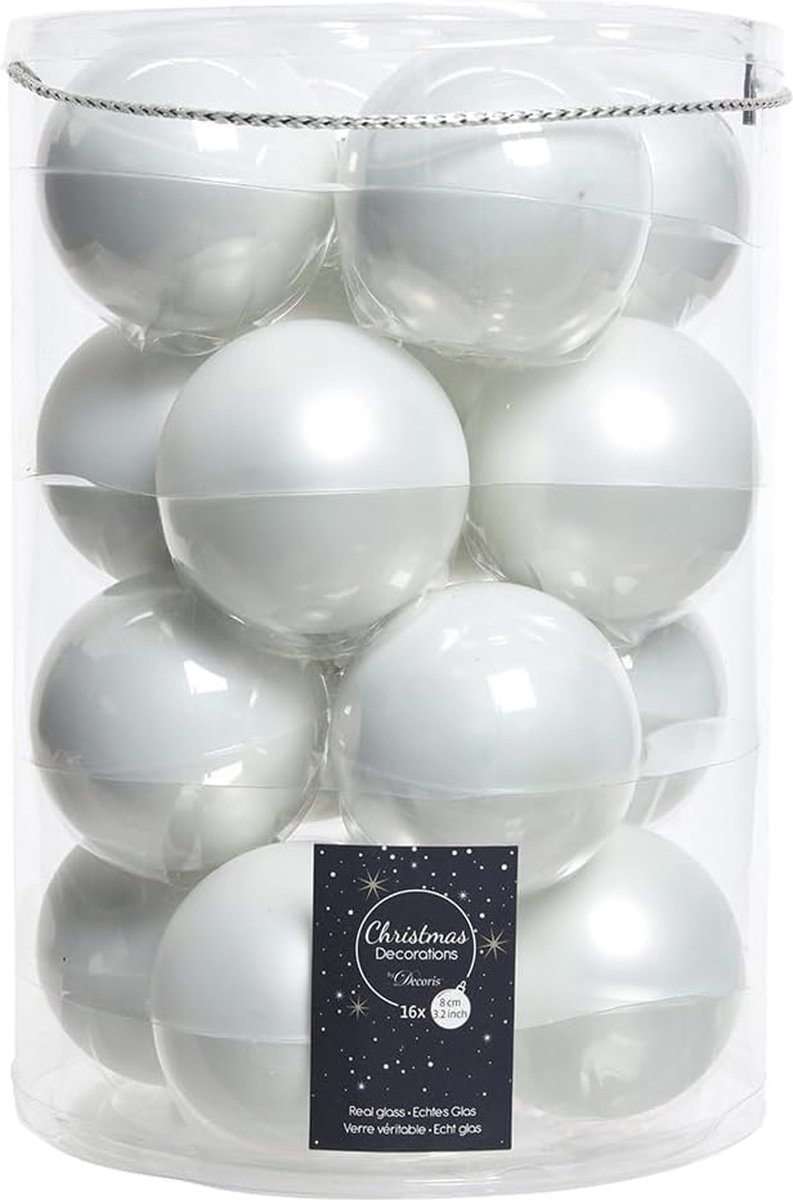 Set van 16 witte kerstballen, glanzend en mat, 8 cm.