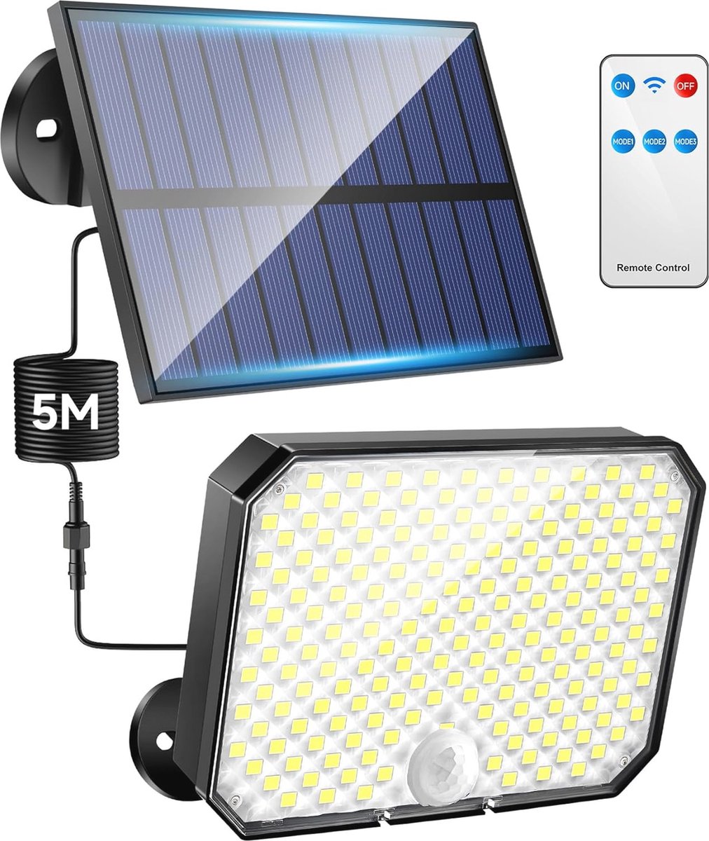 Zonne-energie Lamp voor Buiten met Bewegingsmelder - 190 LEDs, 1500 Lumen, 3 Modi, IP65 Waterdicht