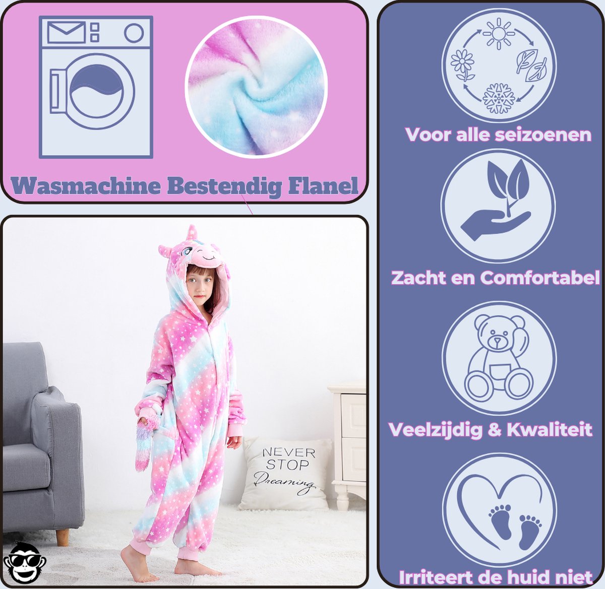 BoefieBoef Dieren Onesie Verkleedkleding Kinderen 5-9 jaar – Comfortabele Kostuum Pyjama – Maat 120 tot 140 – Dierenpak voor Jongens en Meisjes – Feest, Carnaval Verkleedkleding - Kerst, Dierenpak - of Verjaardag Cadeau - Eenhoorn — afbeelding 2