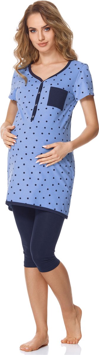 Bellivalini Dames Zwangerschapspyjama - Korte mouwen - Korte broek met borstvoedingsfunctie - Katoen - BLV-BLV50-126-PJ - Blauw Punten/Marineblauw - M