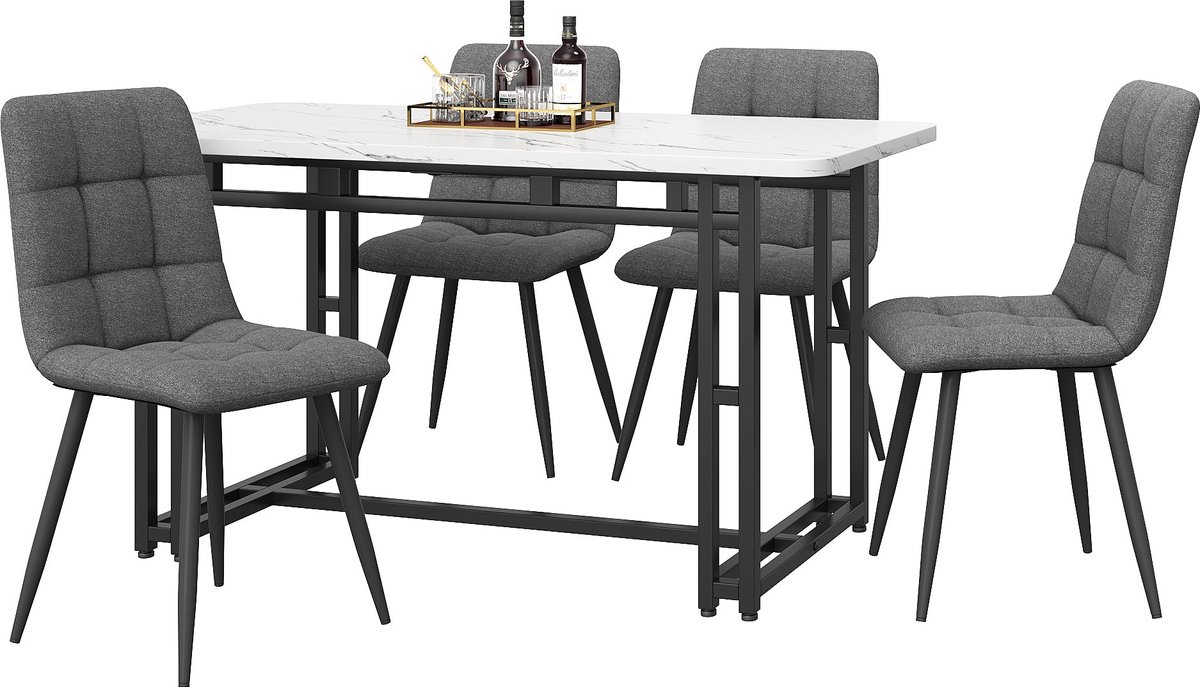 Merax 120x70cm Zwarte Eettafel met 4 Stoelen Set - Moderne Keuken Eettafel - Donkergrijze Linnen Eetstoelen - Zwarte IJzeren Poten