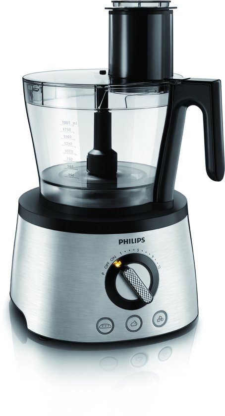 Een zilverkleurige Philips keukenmachine met een draaiknop met de instellingen P, OFF, ON en 1-12. De knop staat op ON.