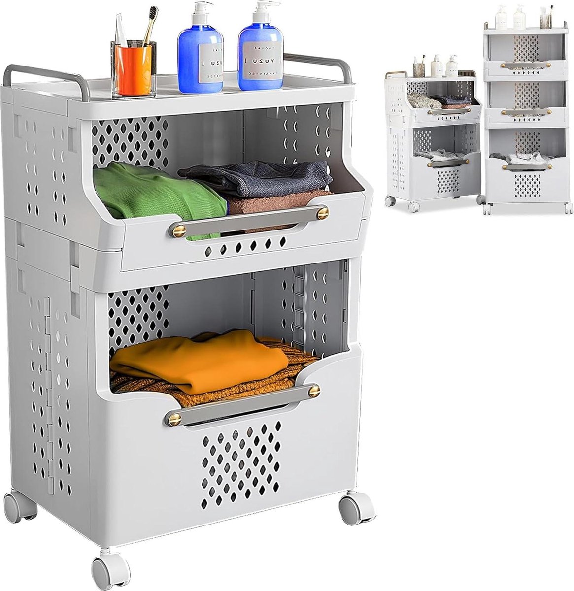 Goedkoopste Opvouwbare Wasmand 2 Vakken - Wasverzamelaar met Poten en Plank - Voor Vuile Was en Kleding - Speelgoed - Statiegeldflessen - Verzamelbak