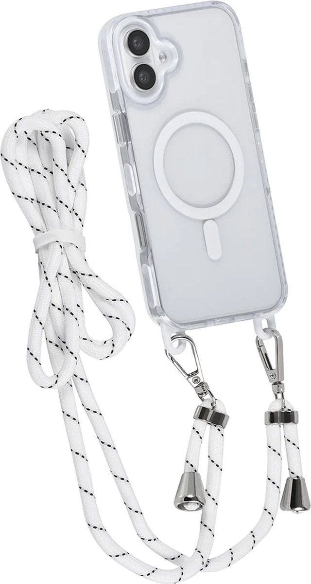 TUNIQ – iPhone 16 Plus–Backcover hoesje – Nek koord-Magsafe -TPU-PC–Wit-Transparant