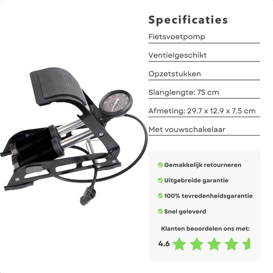 Zwarte opvouwbare fietspomp met slang, manometer en een voetpedaal.