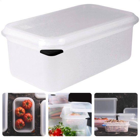 Grande boîte transparente avec couvercle blanc et clip noir. Petites images de tomates, viande et haricots dans des boîtes.