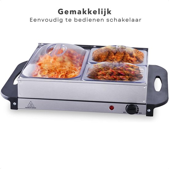 Elektrische Buffetwarmer met Warmhoudplaat - Warmhoudbakken - Warmhoudschalen - Voedsel Verwamer - 2x2.4 Liter - Ge soleerde Handgrepen - Variabel Instelbare Temperatuur - Inclusief EBOOK — afbeelding 3