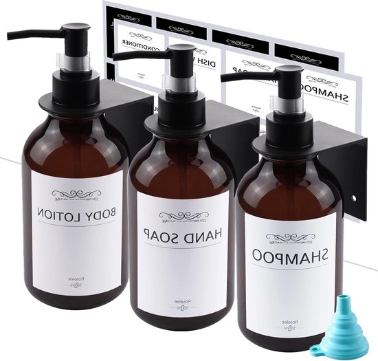 Roselee Zeepdispenser-wandmontageset, voor douche, zonder boren, 500 ml, zwarte shampoodispenser met trechter en waterdichte etiketten voor keuken, badkamer