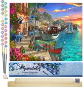 Figured'Art Schilderen op Nummer Volwassenen canvas Bloemrijke haven - Handwerk acrylverf Kit DIY Compleet - 40x50cm met DIY houten lijst